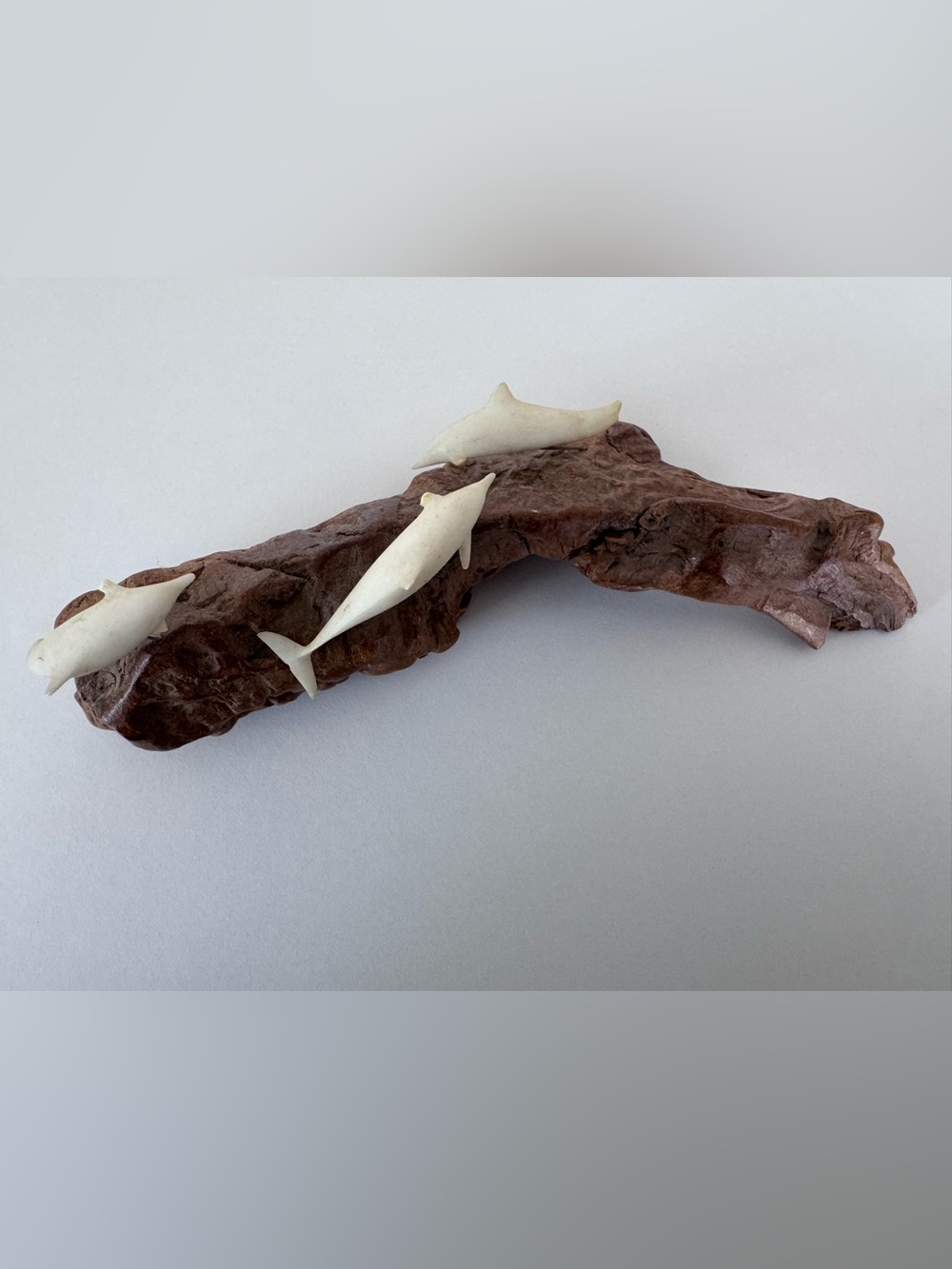 Vintage 1986 Signed John Perry Three-Dolphin Sculpture Burl Wood Base Authentic